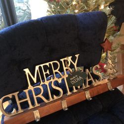 NEW WITH TAGS - 22 1/2” Wide CHRISTMAS Wood Stocking Holder For 4 Stockings