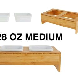 New Modern/Farmhouse Elevated Bamboo stand with two 28oz white ceramic dog/cat water and food bowls