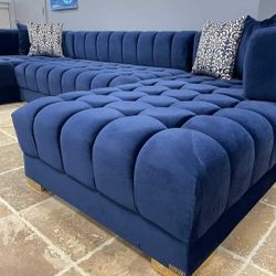 Brand New/ Blue Velvet Double Chaise Sectional/ Seccional, Couch/ Delivery Available 