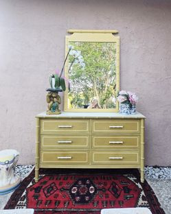 Vintage faux bamboo henry link style 6 drawer dresser credenza dovetailed drawers
