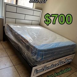 Full Size Bed Frame With Pillow Top Mattress And Boxspring Brand New