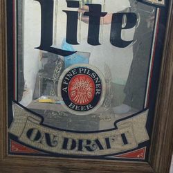 Vintage Miller Lite On Draft Large Wood Frame Mirror Sign