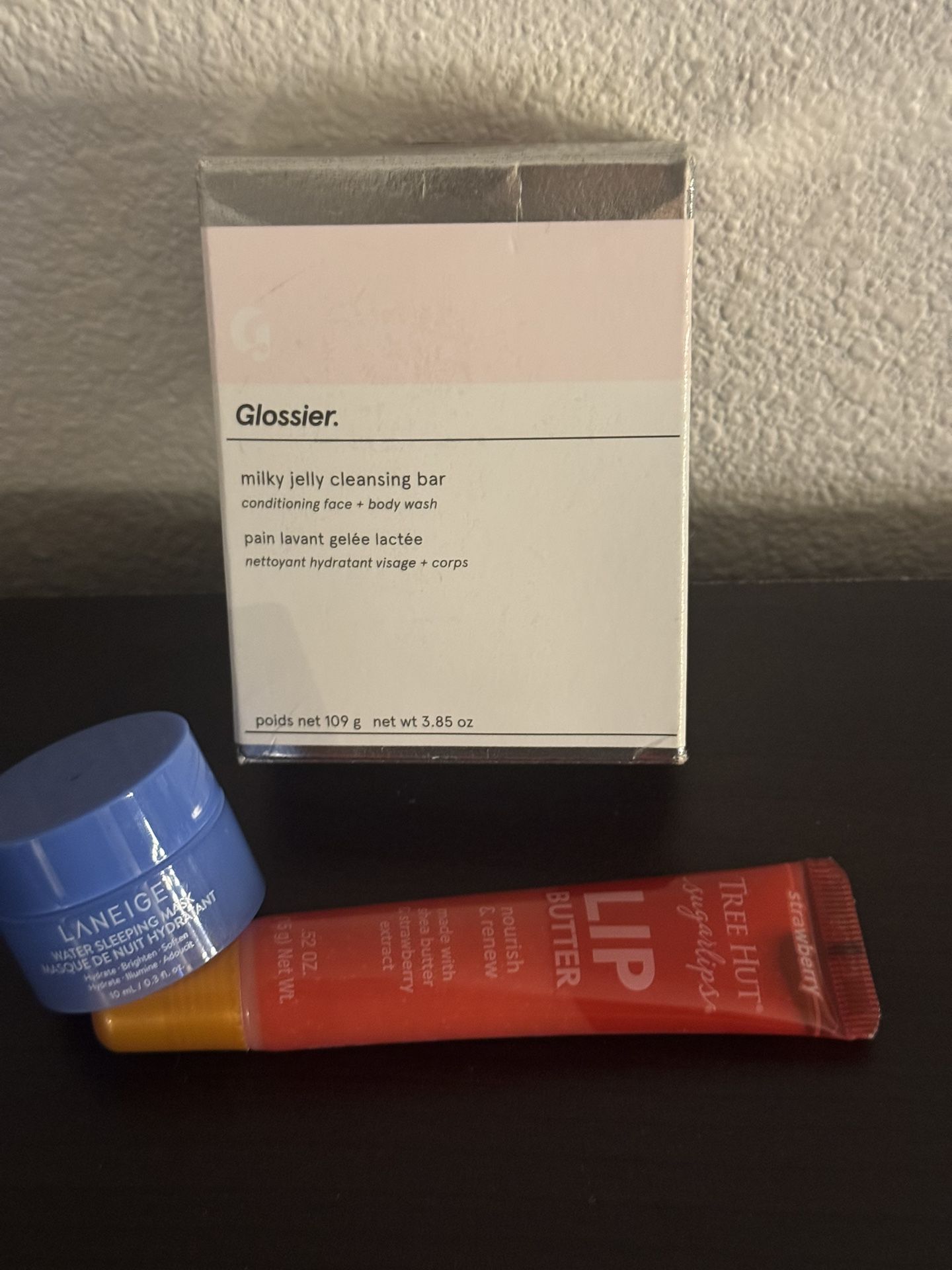 Glossier Milky Jelly Bar With LANEIGE Water Sleeping Mask & Tree Hut Strawberry Lip Butter