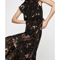 Zara witchy moon print midi dress with flutter sleeves and a celestial pattern