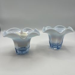 2 Vintage Duncan Miller Canterbury Blue Opalescent Vase Votive Lobe Art Glass