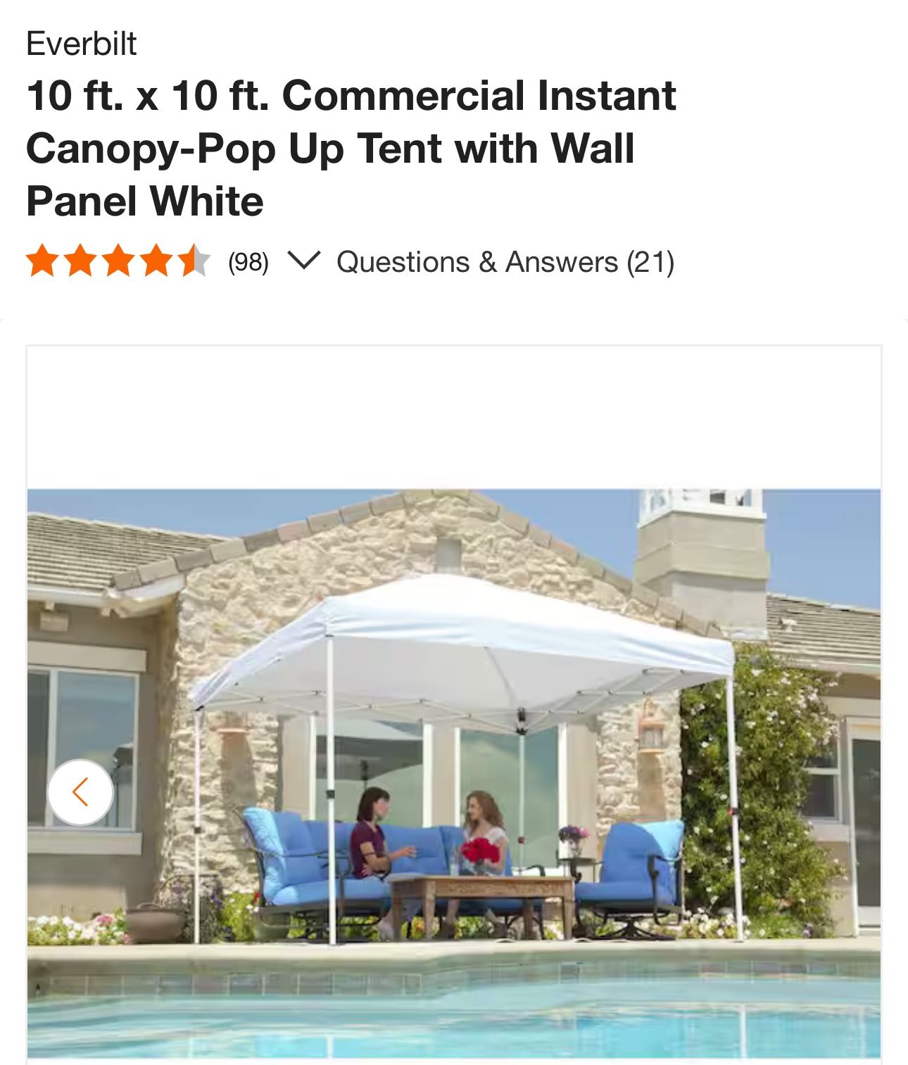 Canopy Everbilt 10 ft. x 10 ft. Commercial Instant Canopy-Pop Up Tent with Wall Panel White