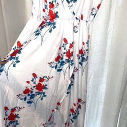 Chic white dress featuring red and green floral patterns 18/2x