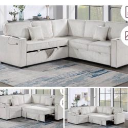 $550.  Sectional Pull Out Bed With Storage USB Cup Holder Available,I Ivory,Dark Gray,Corduroy