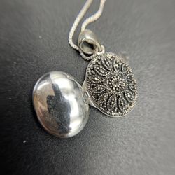 Vintage Art Deco Sterling Silver Marcasite Locket on 18" Box Link Chain