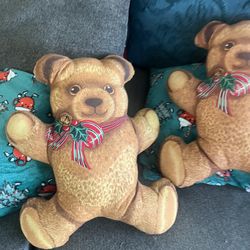 2 Vintage Teddy Bear Christmas Pillows