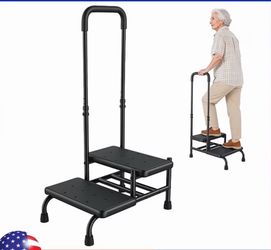 2 Step Stool with Handle for Elderly, Bed Steps with Adjustable Handrail for High Beds, Bathtub, Truck, Car, Non-Skid Platform, Foot Stool for Seniors