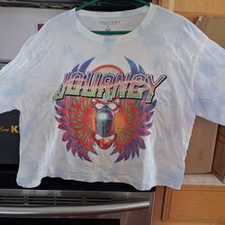 White and blue tie-dye cropped t-shirt featuring the Journey band scarab logo.