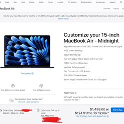 15-inch MacBook Air-Midnight 2024 M3 Chip 16 GB Memory 256 GB Storage (UNOPENED)