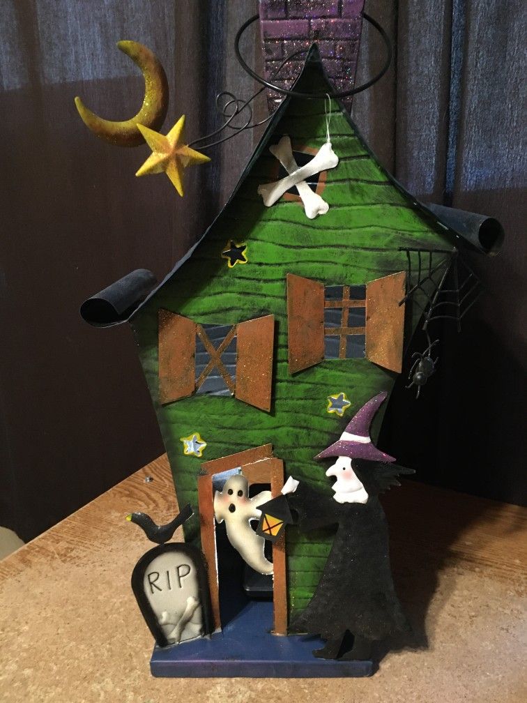 Halloween Haunted House Luminary Lantern Candle Holder Witch Ghost 22"