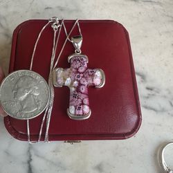 925 Sterling silver, genuine Italian Millefiori Cross necklace , hallmarked , 20 in 925 chain , colors of blown glass, pinks purple and white stars ⭐️
