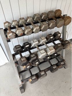 540 lbs Hex Dumbbell Set (10–50 lbs) + 3-Tier Rack – $475