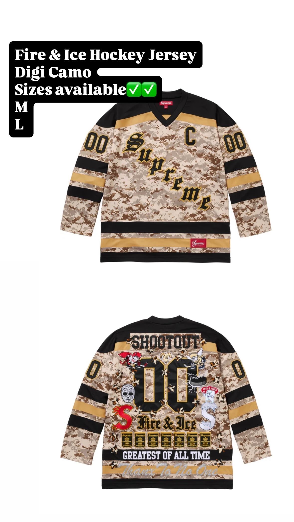 Supreme Fall/Winter 25’ Week 3 Fire & Ice Hockey Jersey Digi Camo, Faux Shearling, Yohji Yanamoto 