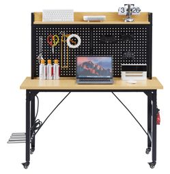 48''Adjustable Workbench with pegboard, Heavy Duty Wooden Desktop Workbench with Wheels, 1600 lb. Load Capacity, Rolling Workbench with AC/USB Outlet,