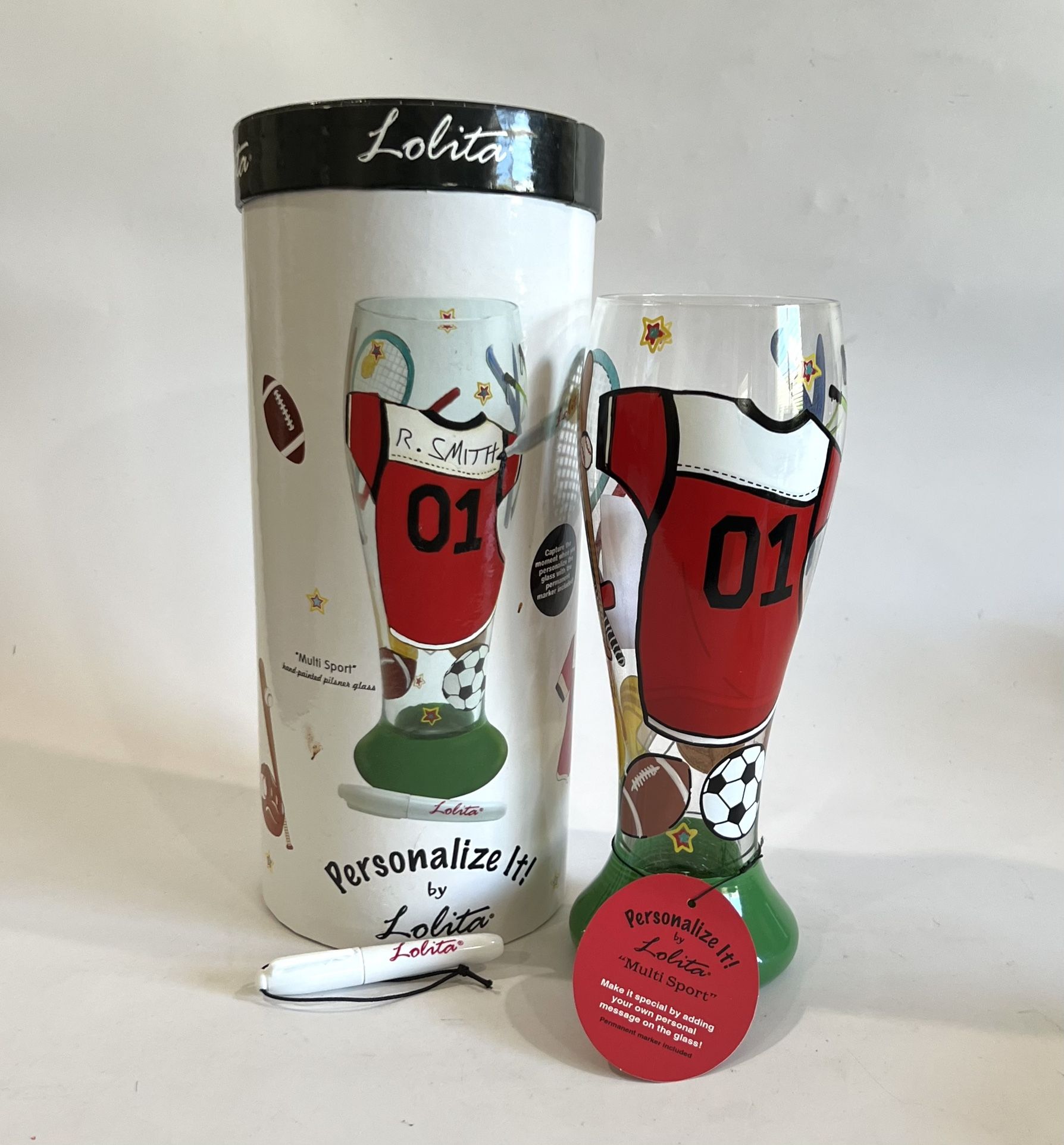 LOLITA Pilsner Glass Multi Sport PERSONALIZE IT! NEW In Box HAND PAINTED W/PEN