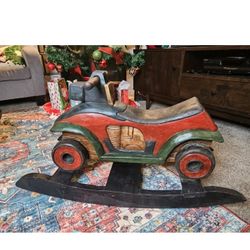 Vintage Wooden Rocking Car Toy – Hand Carved Rustic Nursery Decor – Solid Wood
