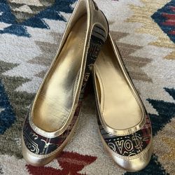 Coach Ballet Flats Gold, Basquiat-style Plaid Doodle Design Size 6.5B New