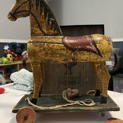 Antique Wooden Horse Pull Toy - Primitive Folk Art