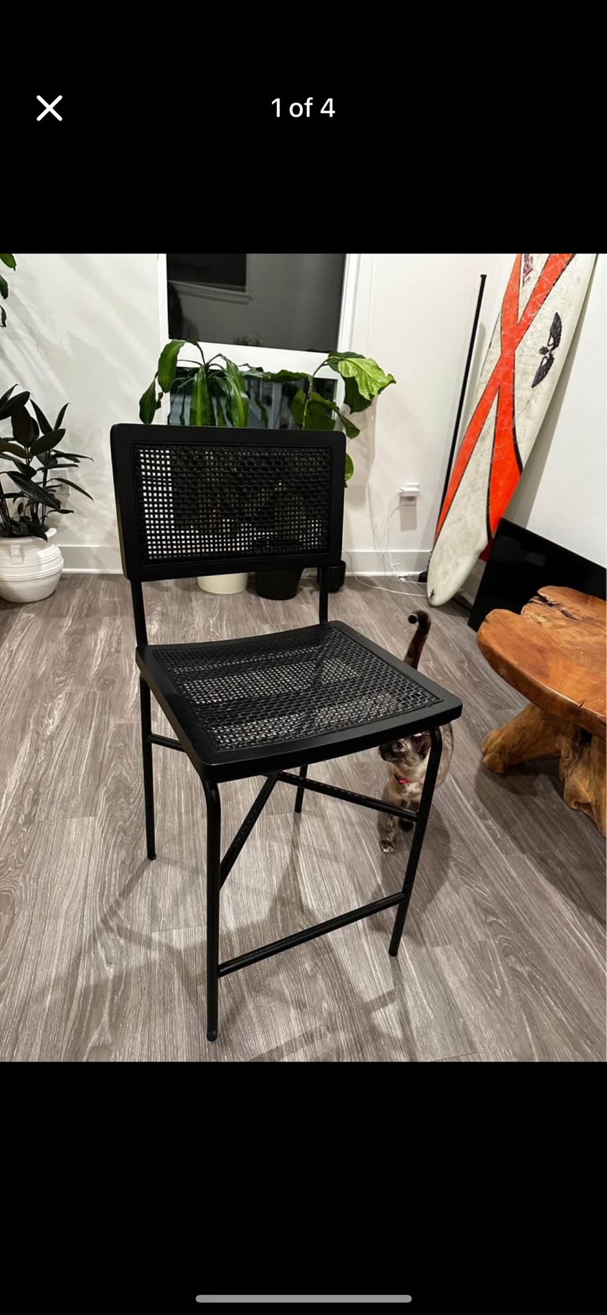 2 black cane/ rattan counter bar stools