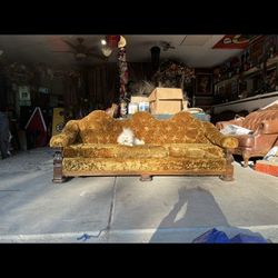 Antique Victorian-style sofa set with gold crushed velvet upholstery & hand-carved dark wood accents
