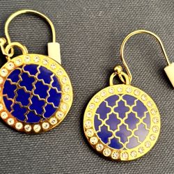 Gold-Tone Blue Enamel Drop Earrings with Crystal Accents