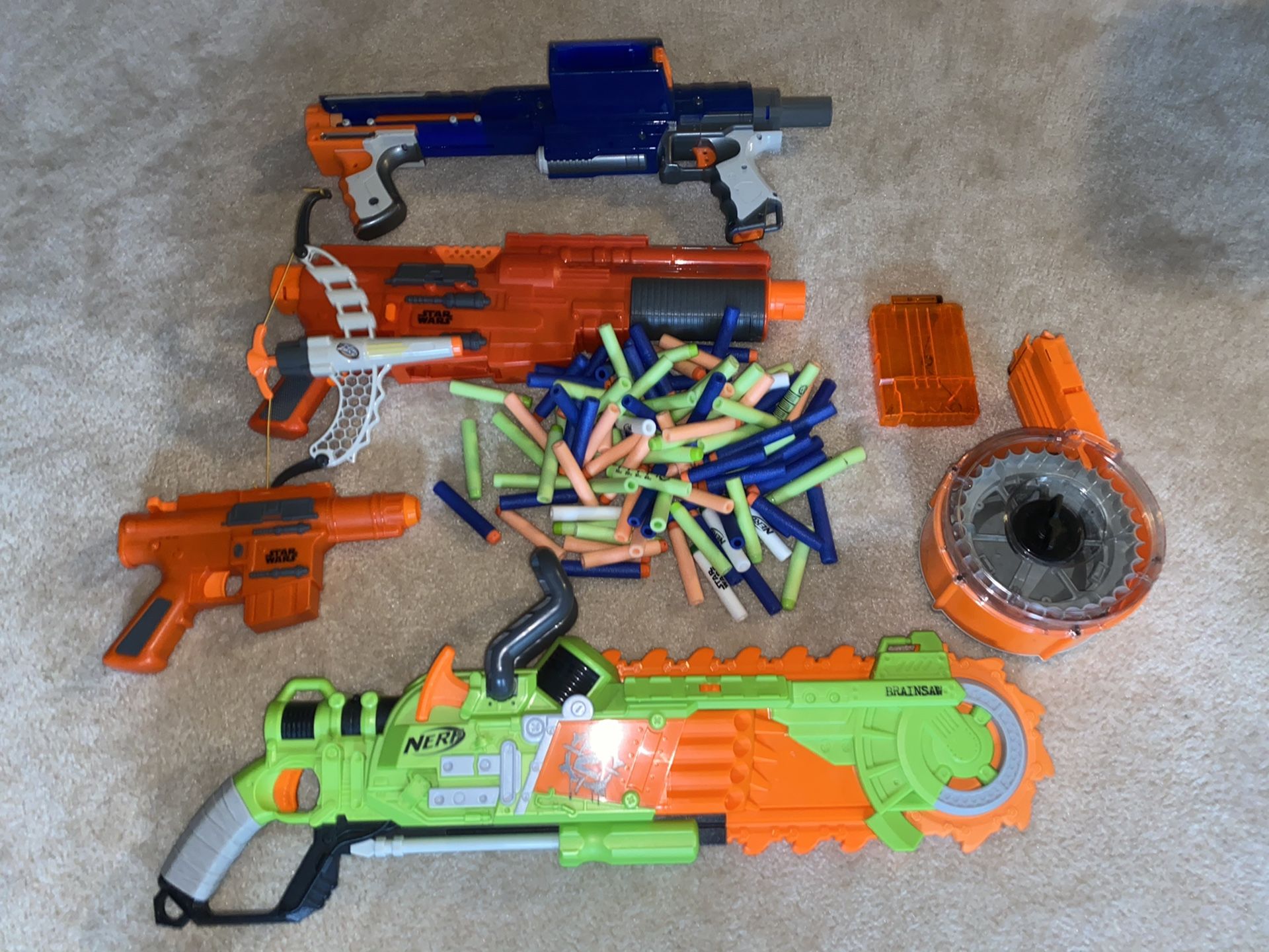 5 Nerf Guns Set, 2 Limited Edition Star Wars Guns, 1 Air Zone Gun, 1 Zombie Gun, 1 Normal Gun, 2 Mags, 100+ Bullets, For Kids, $250 Value