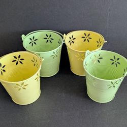 Buckets Bundle 4 Miniature Metal Flower Cutout Planter Buckets Green And Yellow  4x4