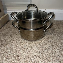 Wolfgang Puck Cafe Collection 3 Qt Stainless Saucepan Strainer Lid Rice Insert. Pot has spots on bottom see pics 