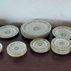 Princess China 45 Piece White Flowers, Green leaves, Gold Trim