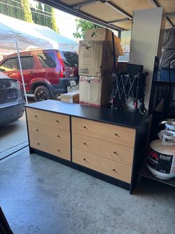 Modern 6 Drawer Dresser / Storage Chest - Black & Wood - 58.5” Wide