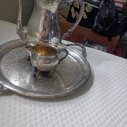 Silver Plated Antique Serving Tray, With Matching Creamer Cup And Coffee Pot.