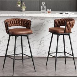 Modern Bar Stools Set of 2, 30" Bar Height Barstools, 180° Swivel Suede Fabric Stool Chairs with Woven Back and Footrest for Kitchen Island, Cafe, Pub
