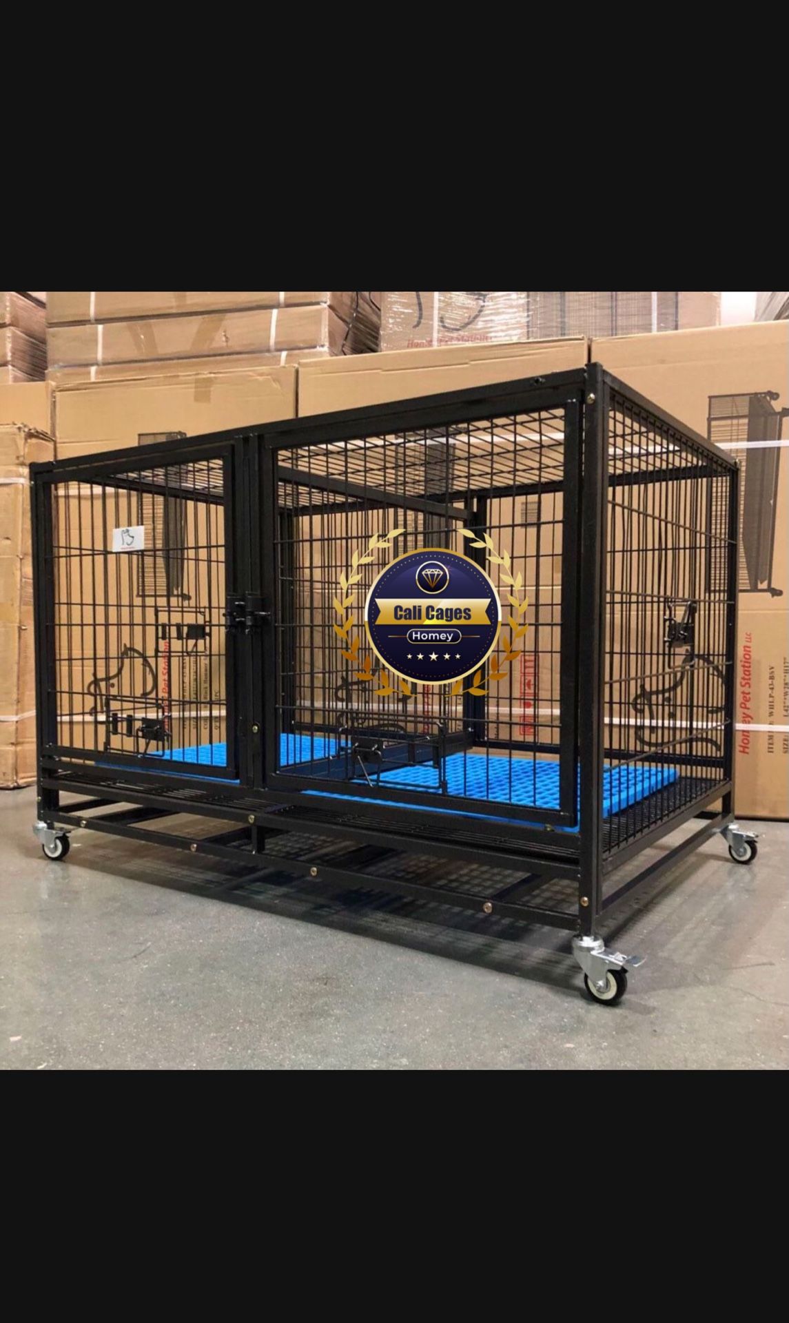 Dog Pet Cage Kennel Size 43” With Divider Plastic Floor Grid Tray And Wheels New In Box 📦 With