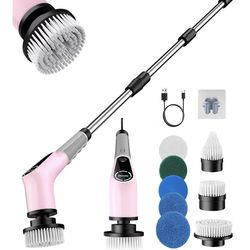 Dovety Electric Spin Scrubber, Cordless Cleaning Brush, Shower Scrubber with 8 Replaceable Brush Head, Power Cleaning Brush with Extension Handle, 2 A