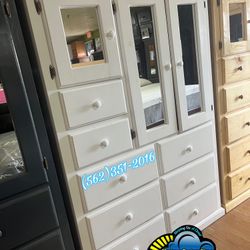 White XL Pinewood Wardrobe With Mirror