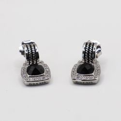 925 Sterling Silver Black Onyx Drop Earrings Cushion Halo Rope Detail Pair