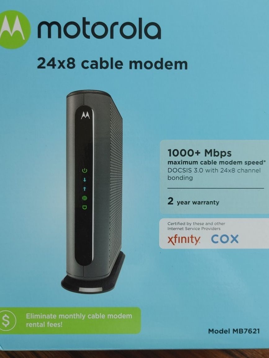 Motorola 24x8 Cable Modem, Model MB7621, For Comcast Xfinity, Cox, RCN, Charter Spectrum, Time Warner Cable, and More. Downloads 1,000 Mbps