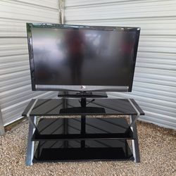 Black Glass TV Stand with Mount + Vizio 47" TV and Remote