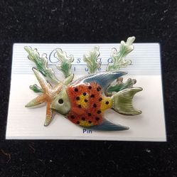 NWT Vintage 90s Underwater Fish with Starfish Metal & Enamel Brooch Pin 