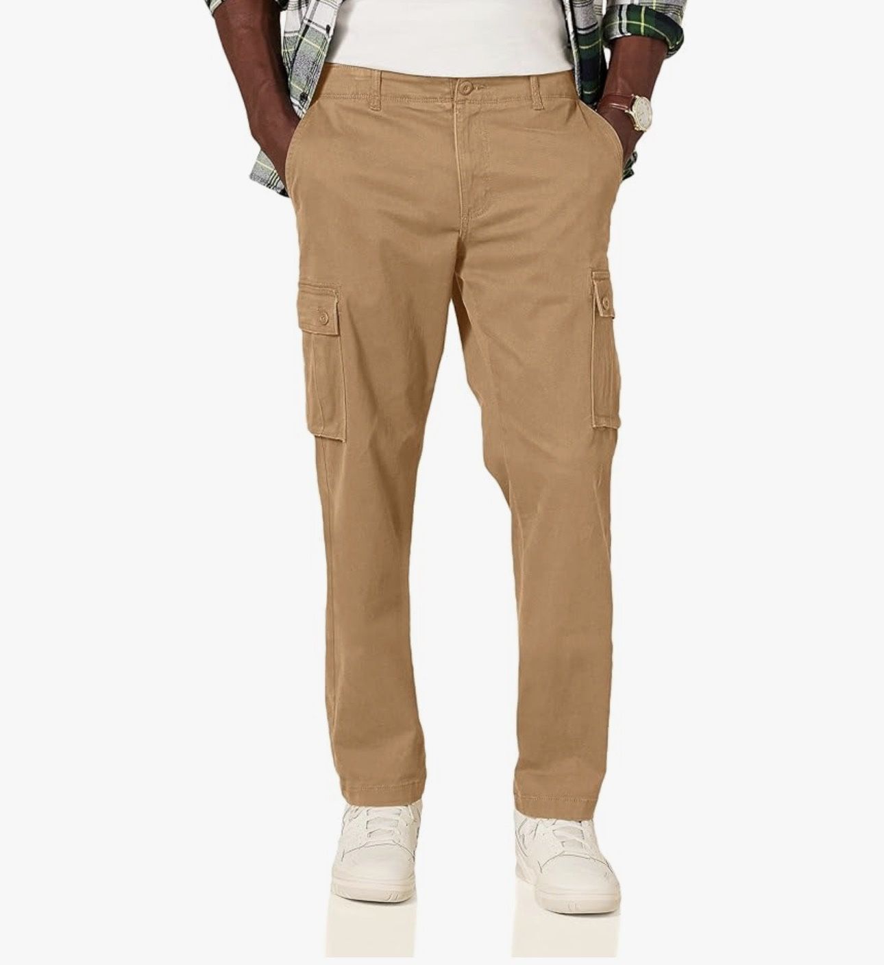 Amazon Essentials Men's Straight-Fit Stretch Cargo Pants in a khaki  cotton blend material
