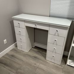 white desk with glass top and crystal knobs $280 