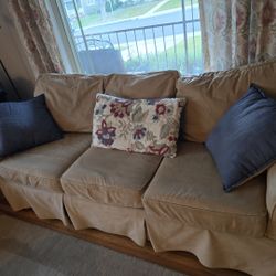 Pottery Barn PB Basic Slipcovered Sofa + Loveseat - Removable Covers - Solid Frame, Oat Color, Faux Suede