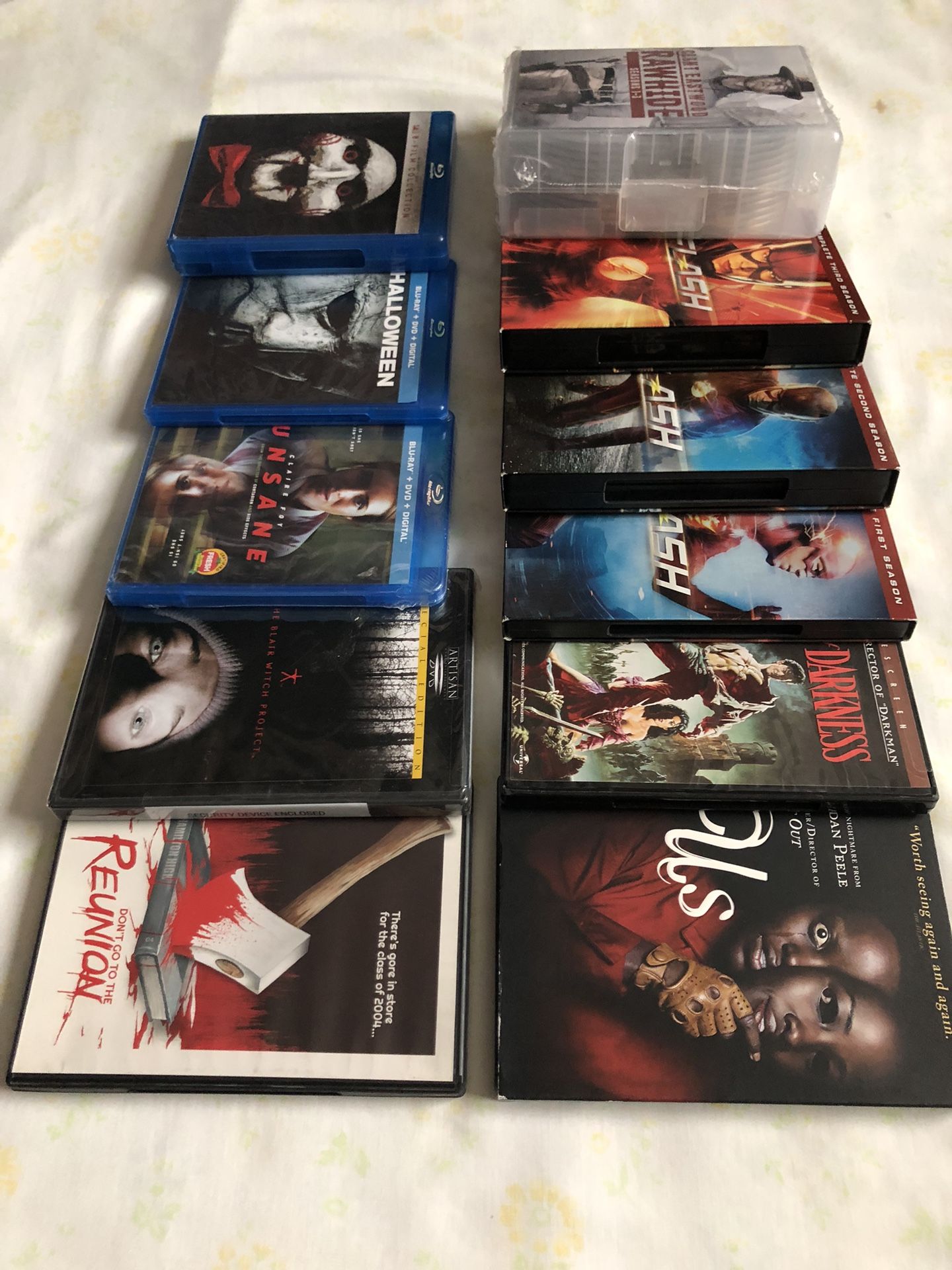 DVD TV Series Rawhide Seasons 1-3 New$25,CW Network The Flash Seasons1-3 $30,BluRayDVD 8 Film Set SAW$10,DVD Don’t Go To The Reunion $10