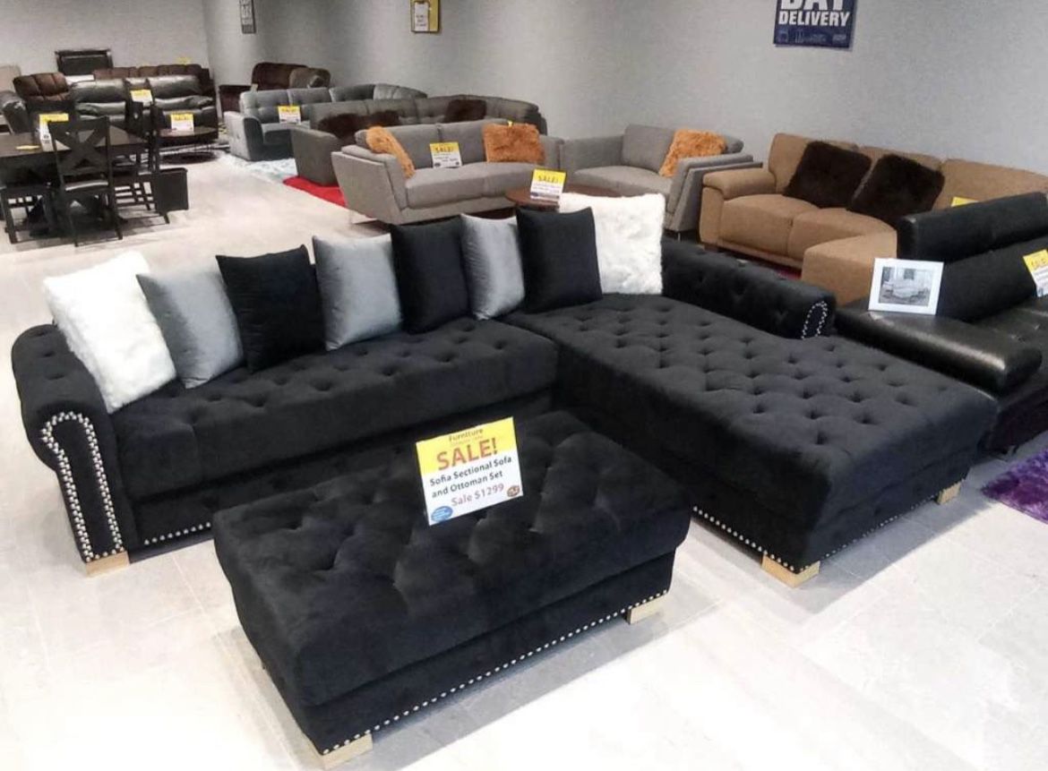 Black Velvet Sectional Sofa With Ottoman ** Ellenton Outlets ** No Credit Needed!