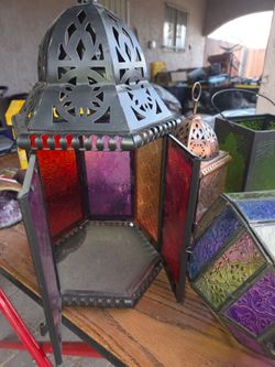Moroccan Stained Glass Lantern Collection 4 Ornate Metal Candle Lanterns