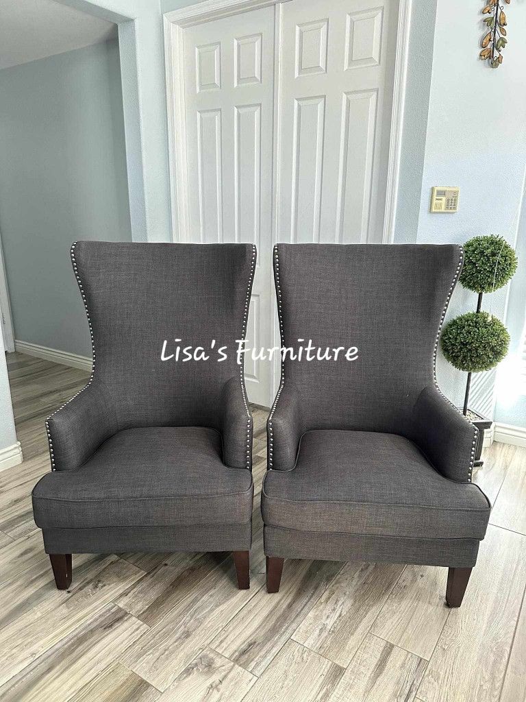 Two Beautiful Gray Wingback Accent Chairs